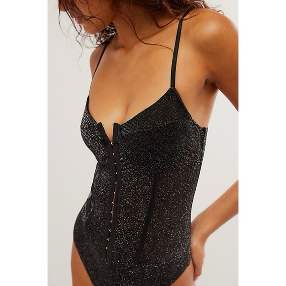 Free People Black Shimmer Corset Bodysuit Sleeveless Button Down Night Rhythm - Picture 1 of 16